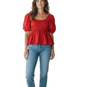 Kate Spade Red  Riviera Smocked Poplin Peplum Top Smocked Puff SLeeve  XXS